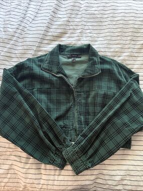 Forever 21 Dark Green Plaid Half-Zip Bomber Jacket